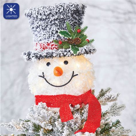 Flocked Lighted Indoor Outdoor Snowman Head Tree Topper