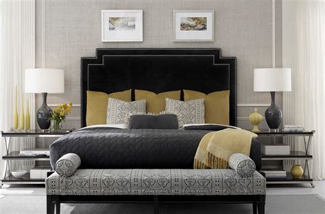 Black velvet Art Deco bed, yellow pillows, elegant bedroom | Elegant bedroom, Art deco bedroom ...