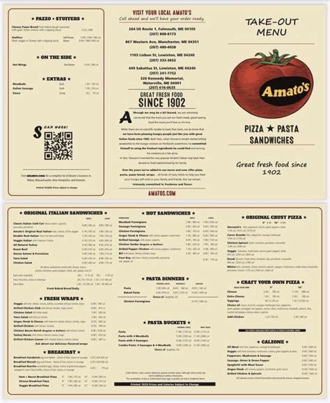 Menu at Amato's pizzeria, Lewiston, 449 Sabattus St