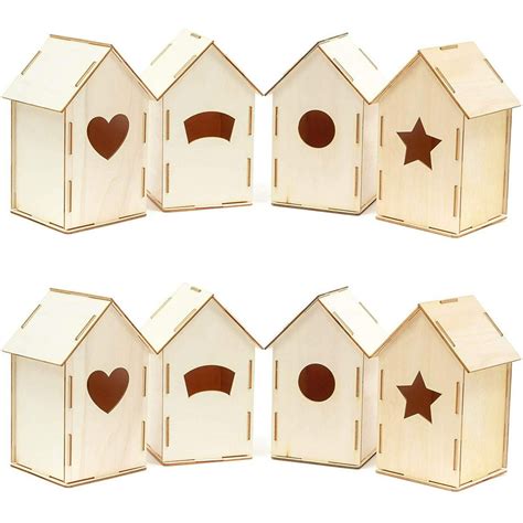 8 Pack Mini Unfinished Wooden Birdhouse Kit for Kids, DIY Crafts Bird Houses for Garden, Natural ...