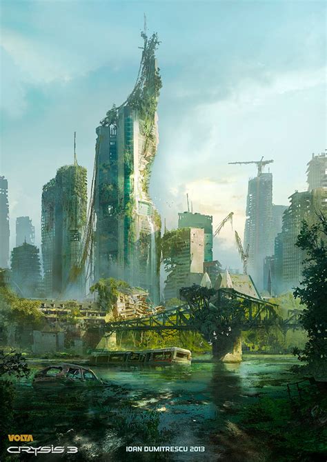 the futuristic city is surrounded by tall buildings and green trees, with a bridge crossing over it