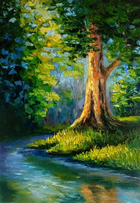 Summer Landscape Sunny Forest Big Tree Day River Green Yellow Painting ...