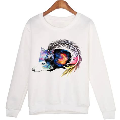 Women 3d Animal Hoodies White Harajuku Moletom Long Sleeve Sweatshirts Street Wear Wolf Head ...