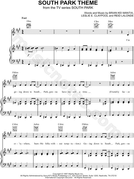 "South Park Theme" from 'South Park' Sheet Music in F# Minor (transposable) - Download & Print ...