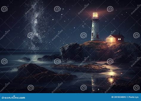 Lighthouse Night Landscape Sea Stars. AI Generated Stock Illustration - Illustration of vector ...