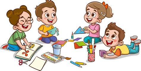 Children drawing with pencils and paints. Vector illustration of a group of children.little cute ...