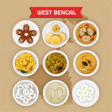 Premium Vector | West bengal cuisine set with illustration of state map.