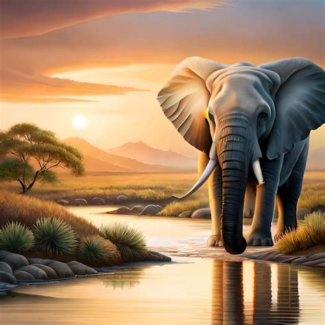 Premium Photo | A painting of an elephant in a river with a sunset in ...