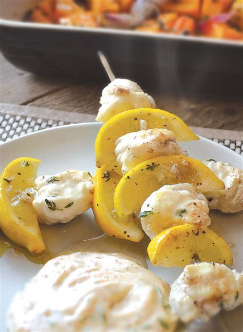 Monkfish & lemon skewers with a mint & garlic dip - The En-Two