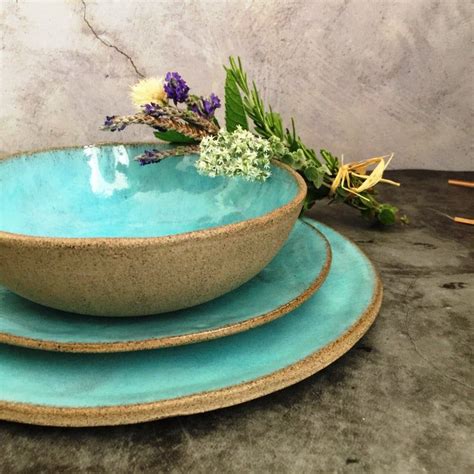 Blue Plates and Bowls Dinnerware Set Green Handmade Pottery | Etsy | Ceramic dinnerware set ...