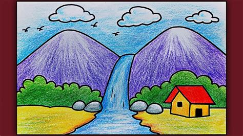 Simple Landscape Scenery Drawing for Beginners | Easy Waterfall Scenery Drawing with ...