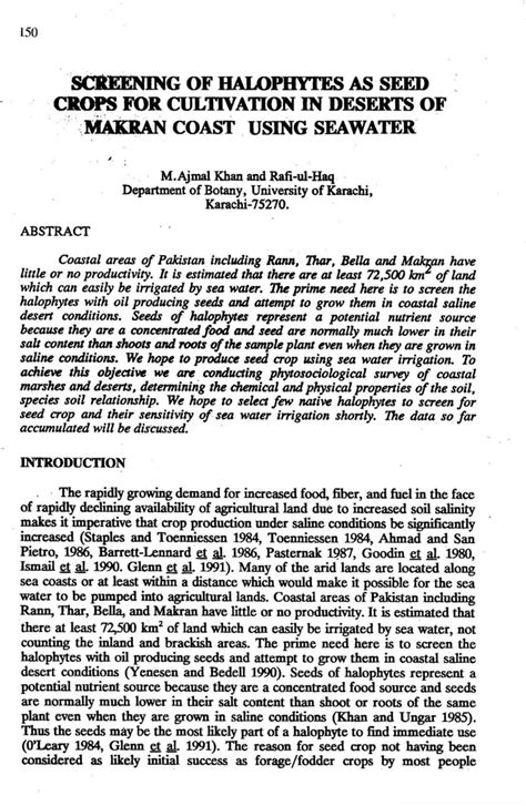 (PDF) Screening of halophytes and seed crops for cultivation in deserts of Mekran coast using ...