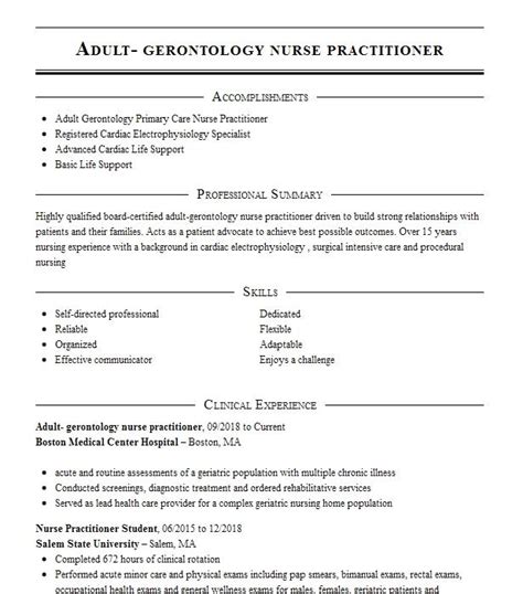 Adult Gerontology Nurse Practitioner Resume Example