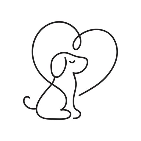 Love animal logo with dog and heart. Hand drawn monoline vector clipart. Design template and ...