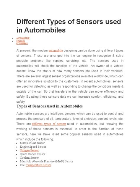 Different Types of Sensors Used in Automobiles | PDF | Internal ...