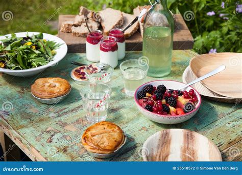 Picnic table setting stock photo. Image of garden, food - 25518572