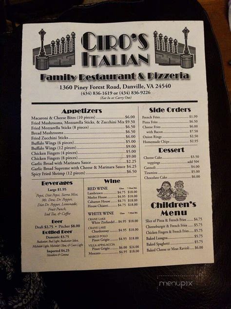 Menu of Ciro's Pizza Pasta & Subs in Danville, VA 24540