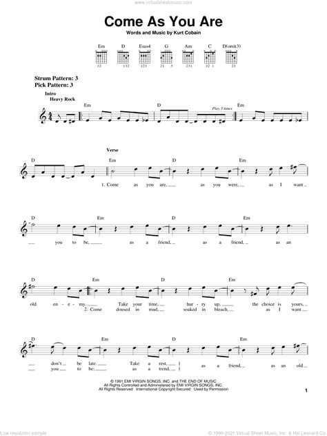 Come As You Are sheet music (easy) for guitar solo (chords) (PDF)