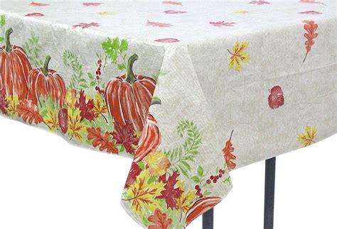 Fall Autumn Flannel Back Vinyl Tablecloth: Watercolor Sketch of Leaves and Pumpkins Border ...