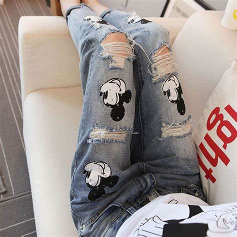 FREE SHIPPING Mickey Mouse Jeans Women Distressed Ripped Boyfriend Jeans woman Cartoon Mickey ...