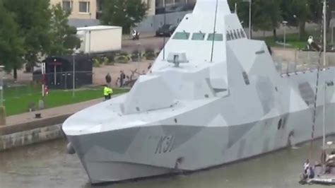 Visby class corvette VISBY To withdraw into the river Aura - YouTube