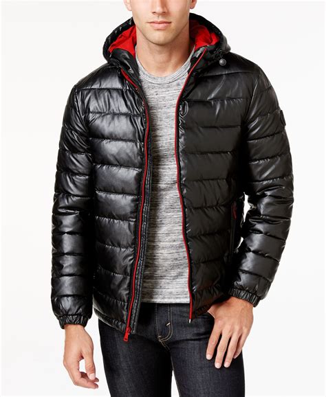 Equal parts sleek and rugged, this faux-leather hooded puffer coat from Cole… Leather Puffer ...