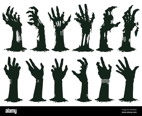 Zombie hands silhouette. Creepy zombie crooked lambs stick out of graveyard ground vector ...