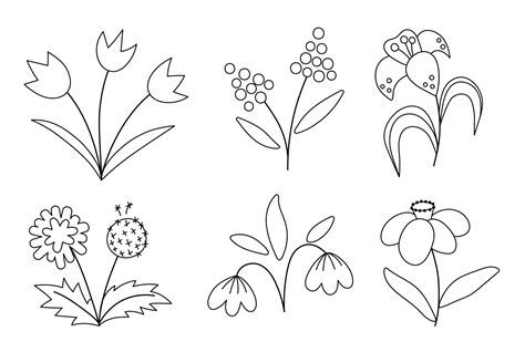 Vector cute black and white spring flowers icons set. First blooming plants outline illustration ...