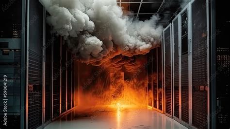 Data center fire with burning servers racks, Internet unexpected outage ...