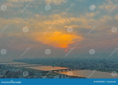 High Angle View of Osaka City with Yodo River at Sunset Time. Stock ...