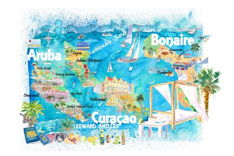 Aruba Bonaire Curacao Illustrated Islands Travel Map With - Etsy