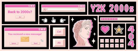 Trendy Y2K banner with retro stickers, computer windows, pixel elements, greek statue, vintage ...