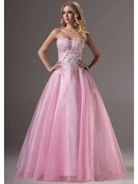 Sparkle Long Formal Pink Sweetheart Beading Crystals Ball Gown Princess Women Prom Dresses 2016 ...