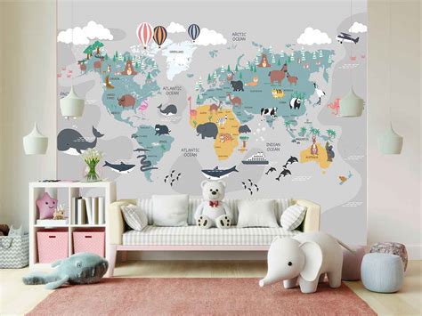 Kids Map Wallpaper, World Map Wallpaper, World Map Wall Decor