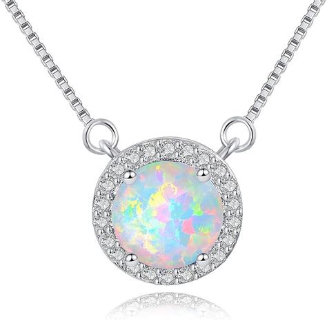 Amazon.com: VOLUKA Round Opal Necklace, 18K White Gold Plated Necklace ...