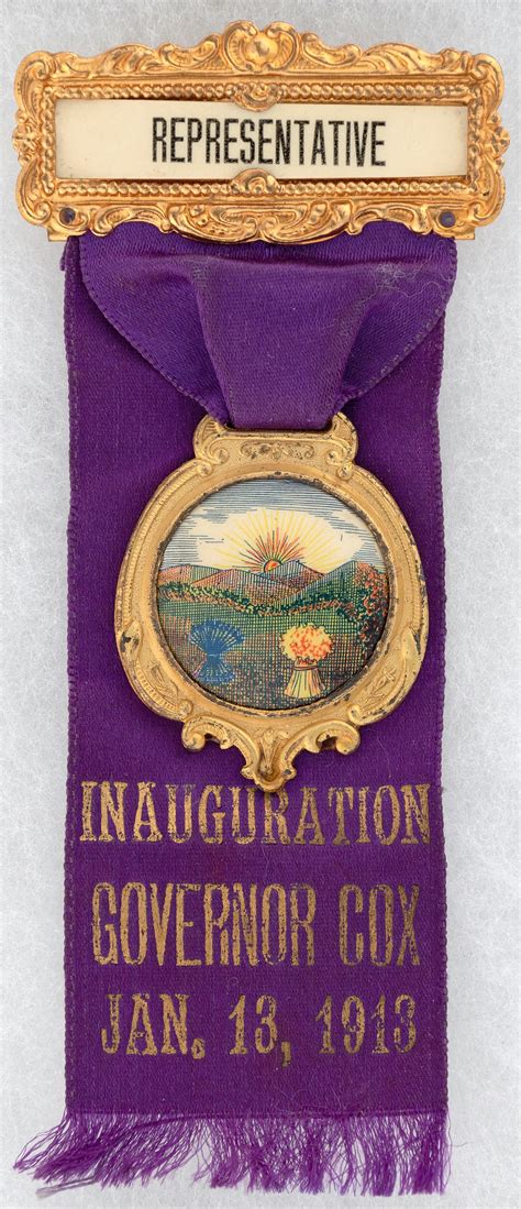 Hake's - "INAUGURATION GOVERNOR COX" STRIKING 1913 OHIO RIBBON BADGE.