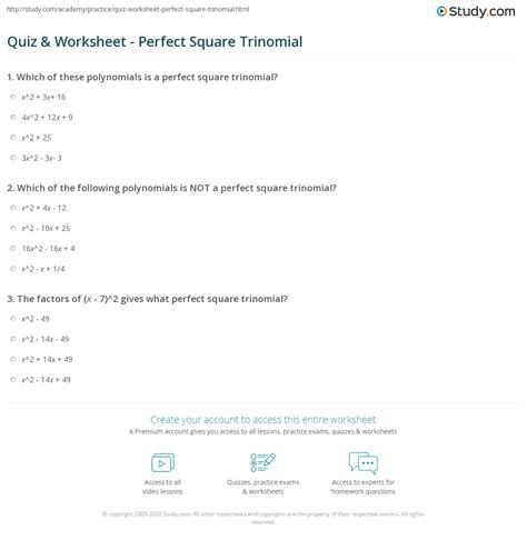 Quiz & Worksheet - Perfect Square Trinomial | Study.com