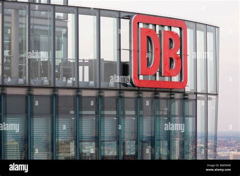 DB logo at the office building of the company Deutsche Bahn in Berlin; DB Tower in Berlin Stock ...