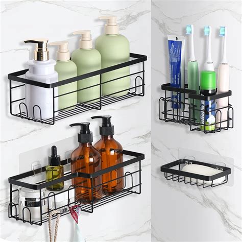 Shower Caddy Shelf Organizer , 4 Pack No Drilling Adhesive Bathroom Organizer Basket, Black ...