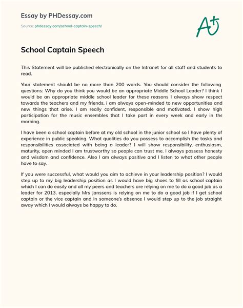 School Captain Speech Application And College Example (300 Words ...