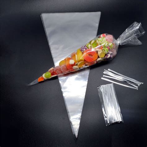 100x Clear Cone Shape Cello Popcorn Sweet Bags Wedding Party Gift Bags ...