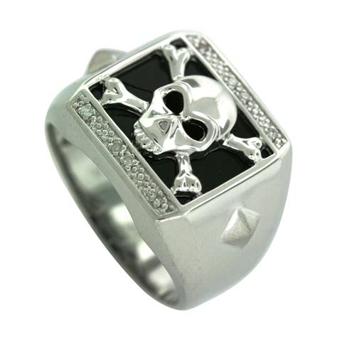 Mens Onyx and Diamond Accent Skull Ring in Sterling Silver_in Size 10.5 - Jewelry - Rings