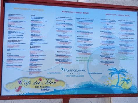 Menu at Café del Mar, Isla Mujeres