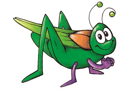 a drawing of a green grasshopper with an orange nose and purple legs, standing on one leg