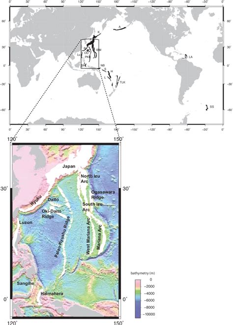 Global location map of island arcs (shown in black) on the present day... | Download Scientific ...