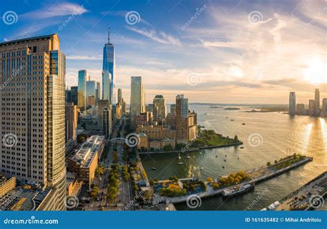 Aerial View of Lower Manhattan Skyline at Sunset Stock Photo - Image of ...