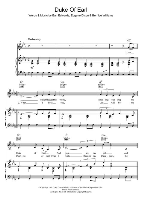 Duke Of Earl by Jean Chandler Sheet Music for Piano, Vocal & Guitar Chords (Right-Hand Melody ...