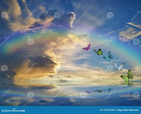 Spiritual Background for Meditation with Clouds Sky, Rainbow and Butterflies Stock Photo - Image ...