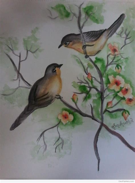 Watercolor Painting Of Love Birds - Desi Painters