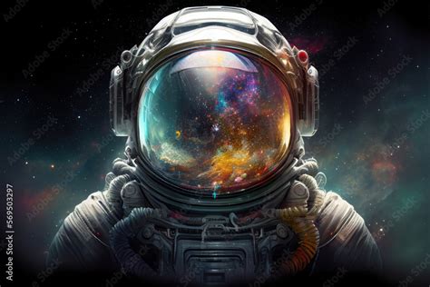 Front view astronaut potrait. Astronaut in space suit with galaxy and nebula reflection in ...